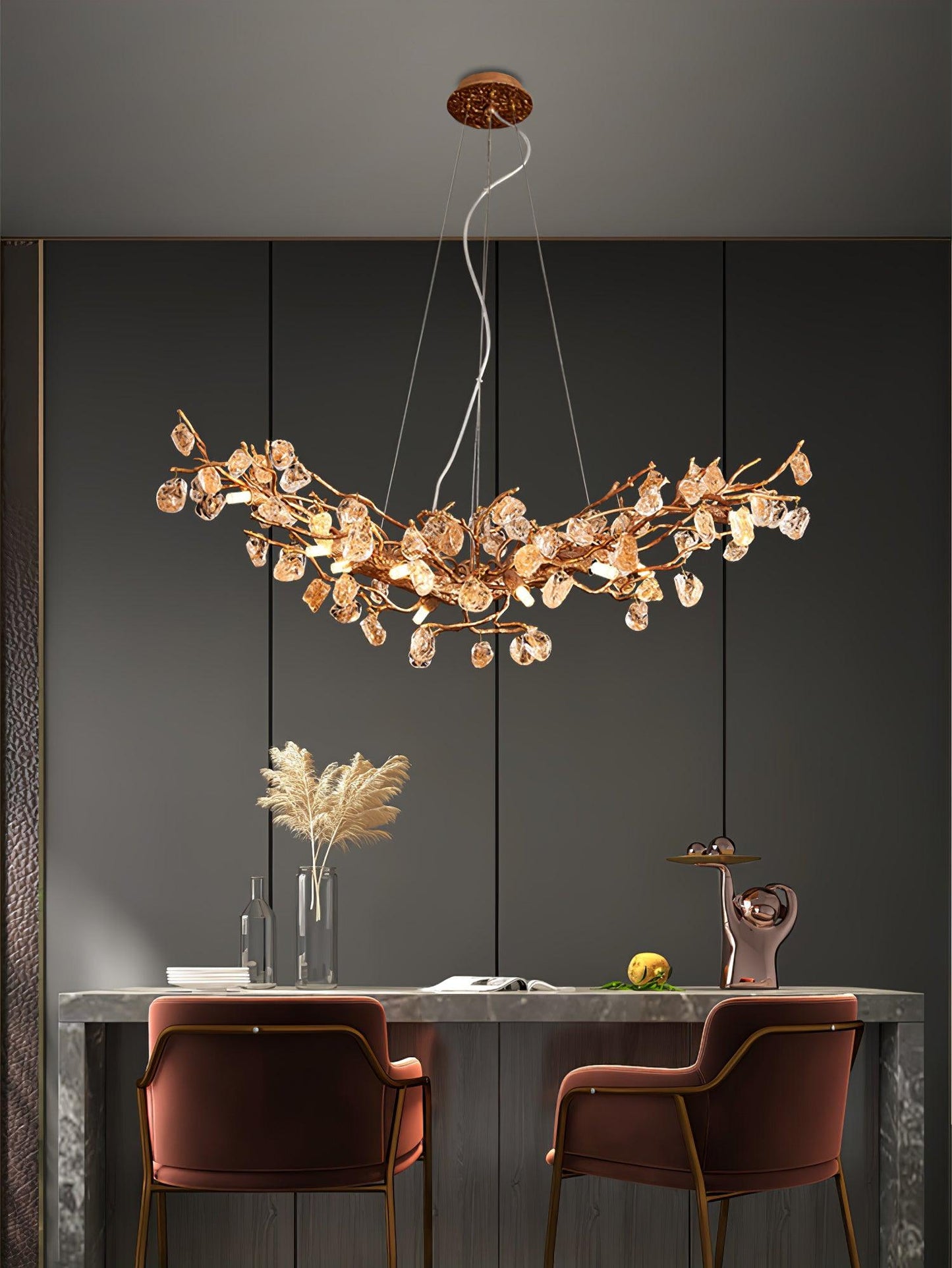 Elegant Stone Crystal Brass Chandelier with Adjustable Height & Dimmab