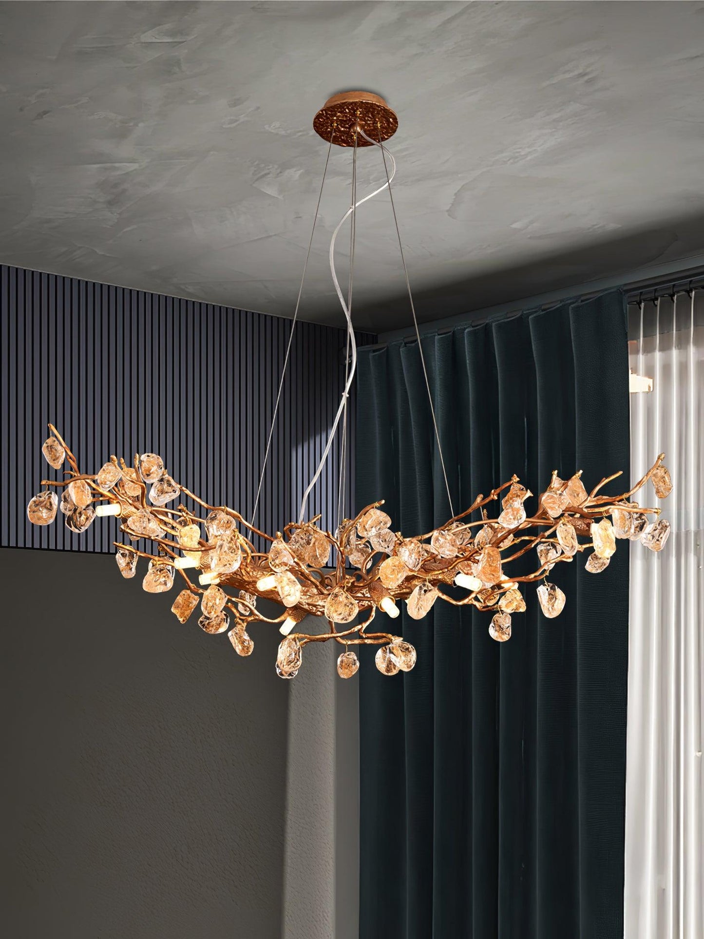 Elegant Stone Crystal Brass Chandelier with Adjustable Height & Dimmab
