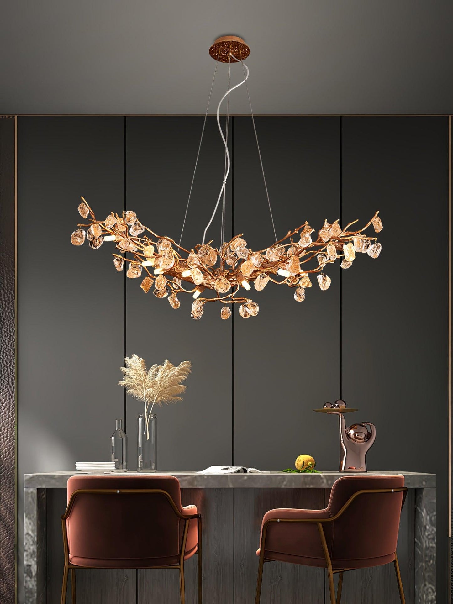 Elegant Stone Crystal Brass Chandelier with Adjustable Height & Dimmab