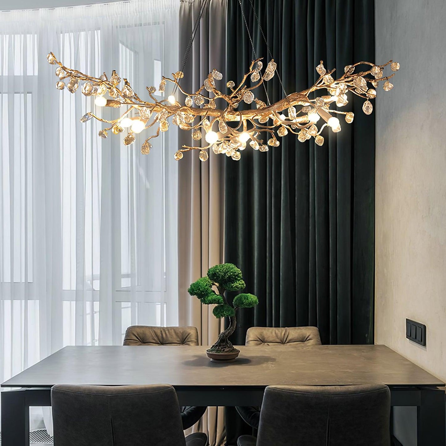 Elegant Stone Crystal Brass Chandelier with Adjustable Height & Dimmab