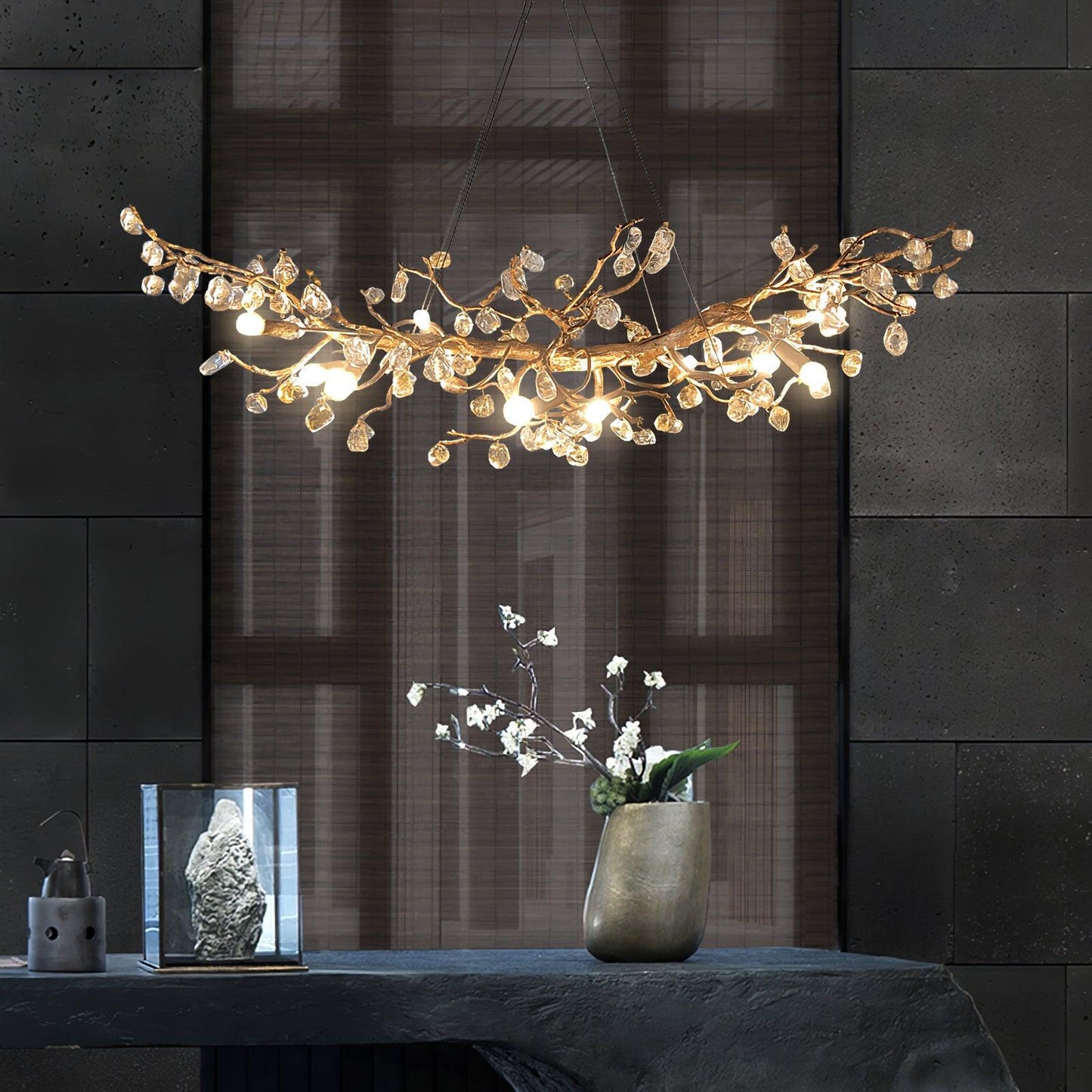 Elegant Stone Crystal Brass Chandelier with Adjustable Height & Dimmab