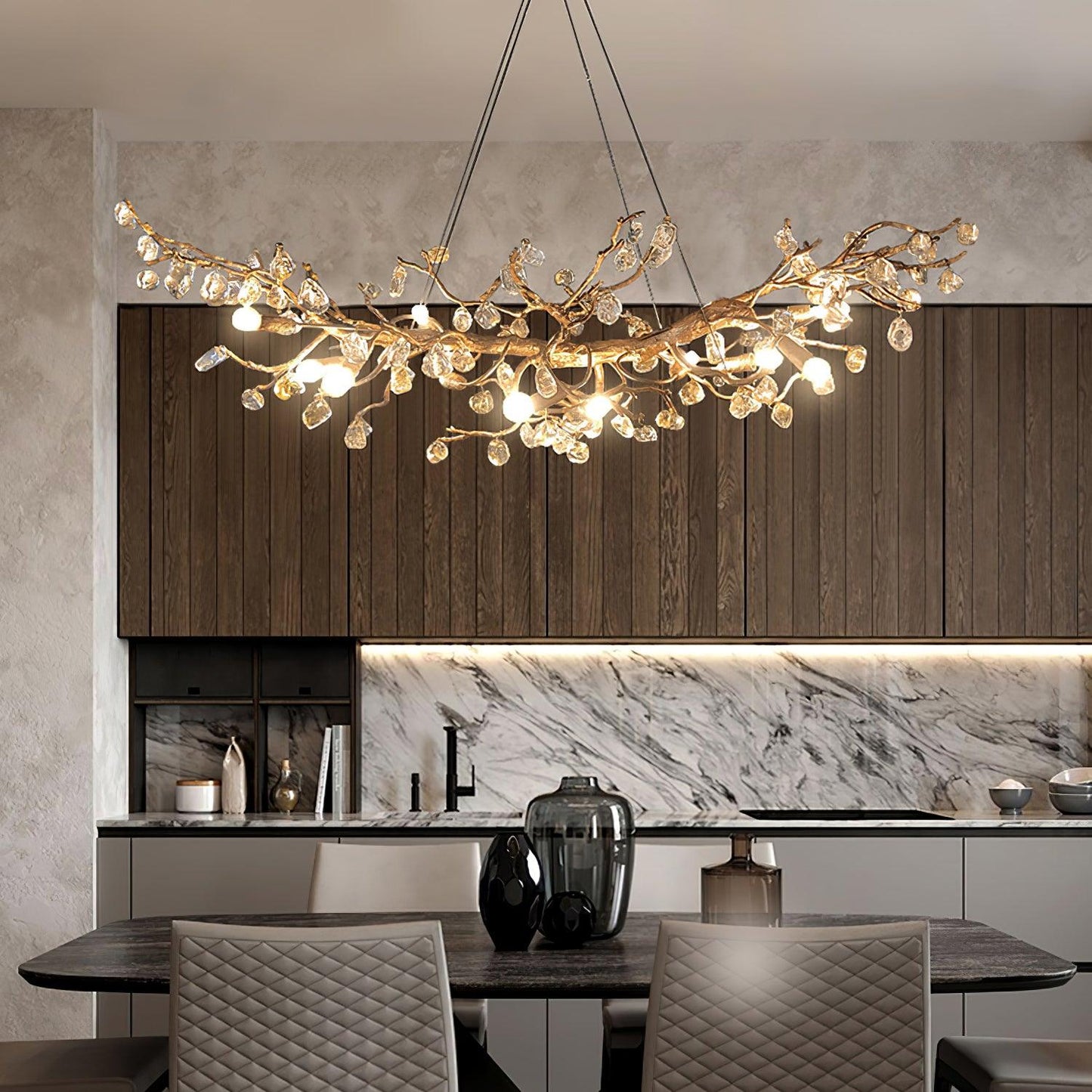 Elegant Stone Crystal Brass Chandelier with Adjustable Height & Dimmab
