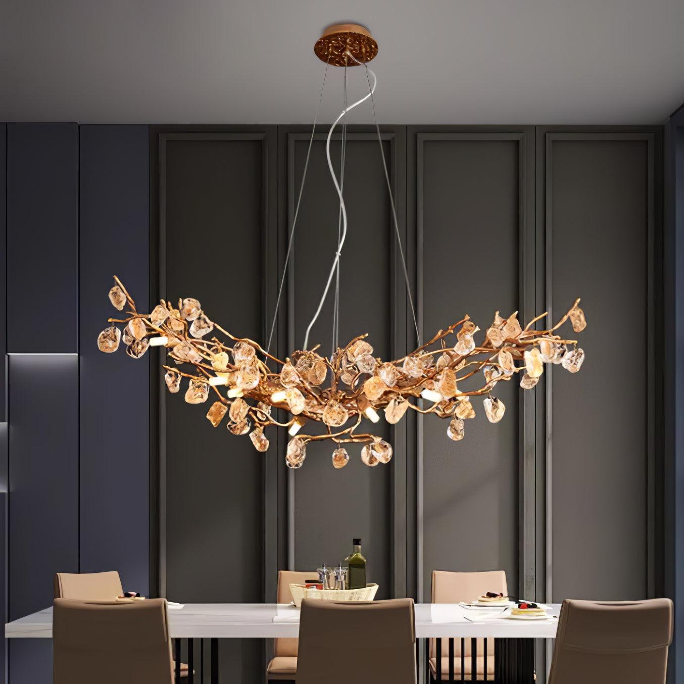 Elegant Stone Crystal Brass Chandelier with Adjustable Height & Dimmab