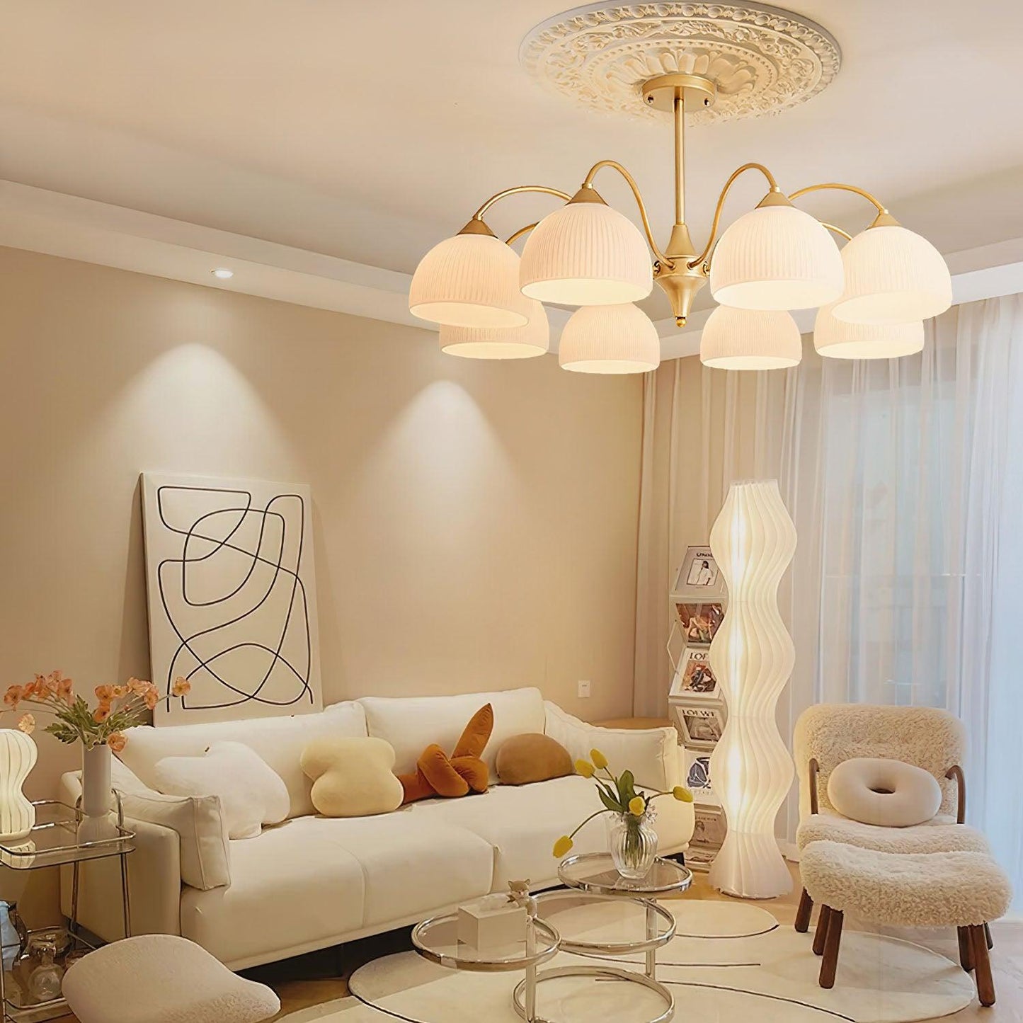 Elegant Striped Glass Bowl Chandelier with Adjustable Height & Soft Gl