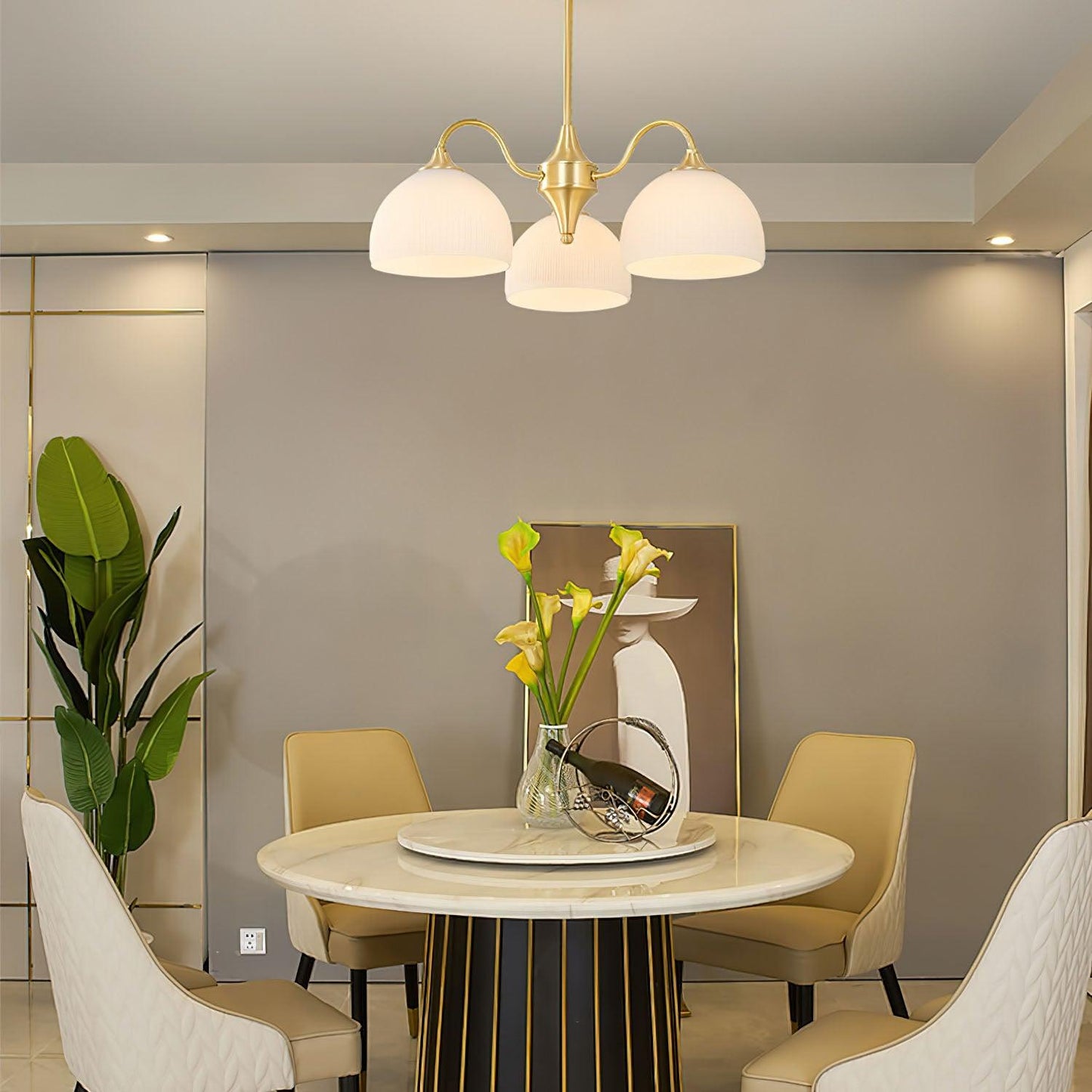 Elegant Striped Glass Bowl Chandelier with Adjustable Height & Soft Gl