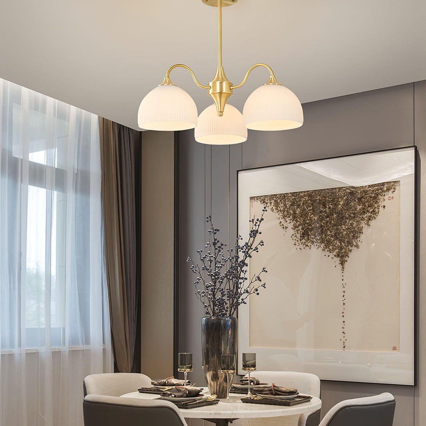 Elegant Striped Glass Bowl Chandelier with Adjustable Height & Soft Gl