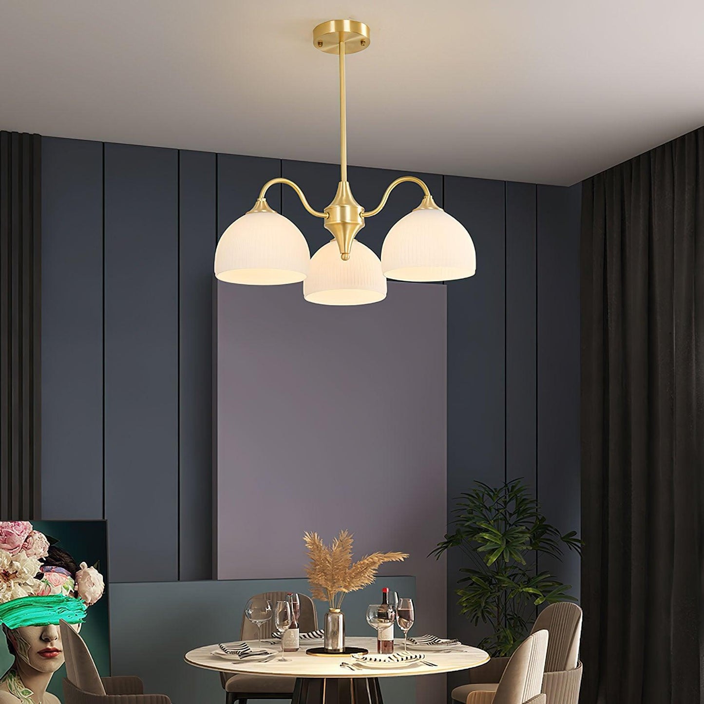 Elegant Striped Glass Bowl Chandelier with Adjustable Height & Soft Gl