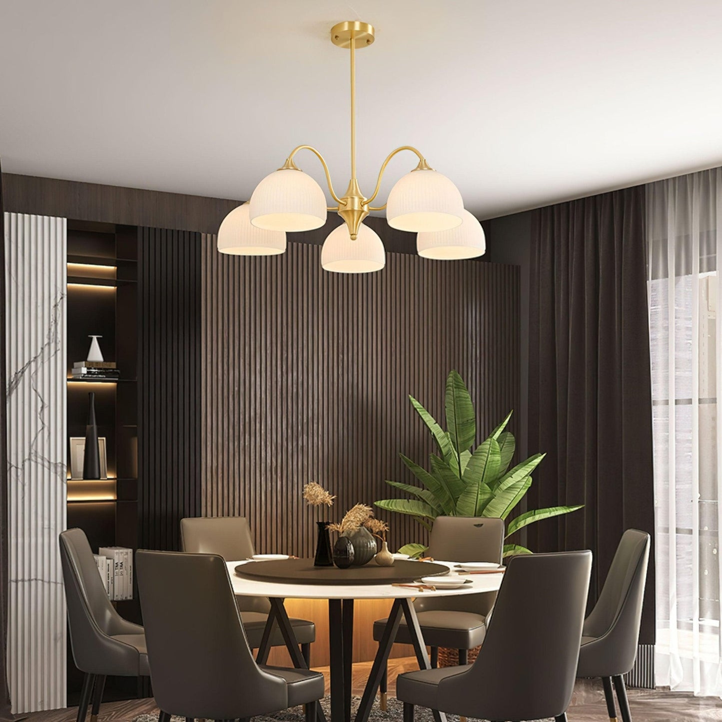 Elegant Striped Glass Bowl Chandelier with Adjustable Height & Soft Gl