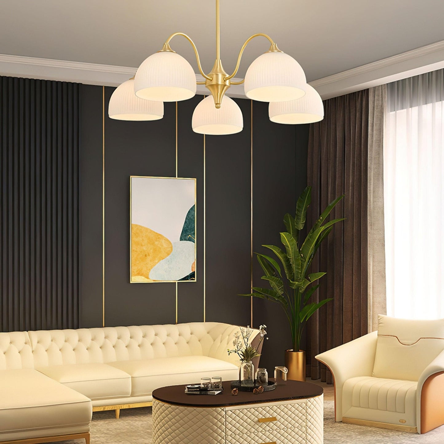 Elegant Striped Glass Bowl Chandelier with Adjustable Height & Soft Gl
