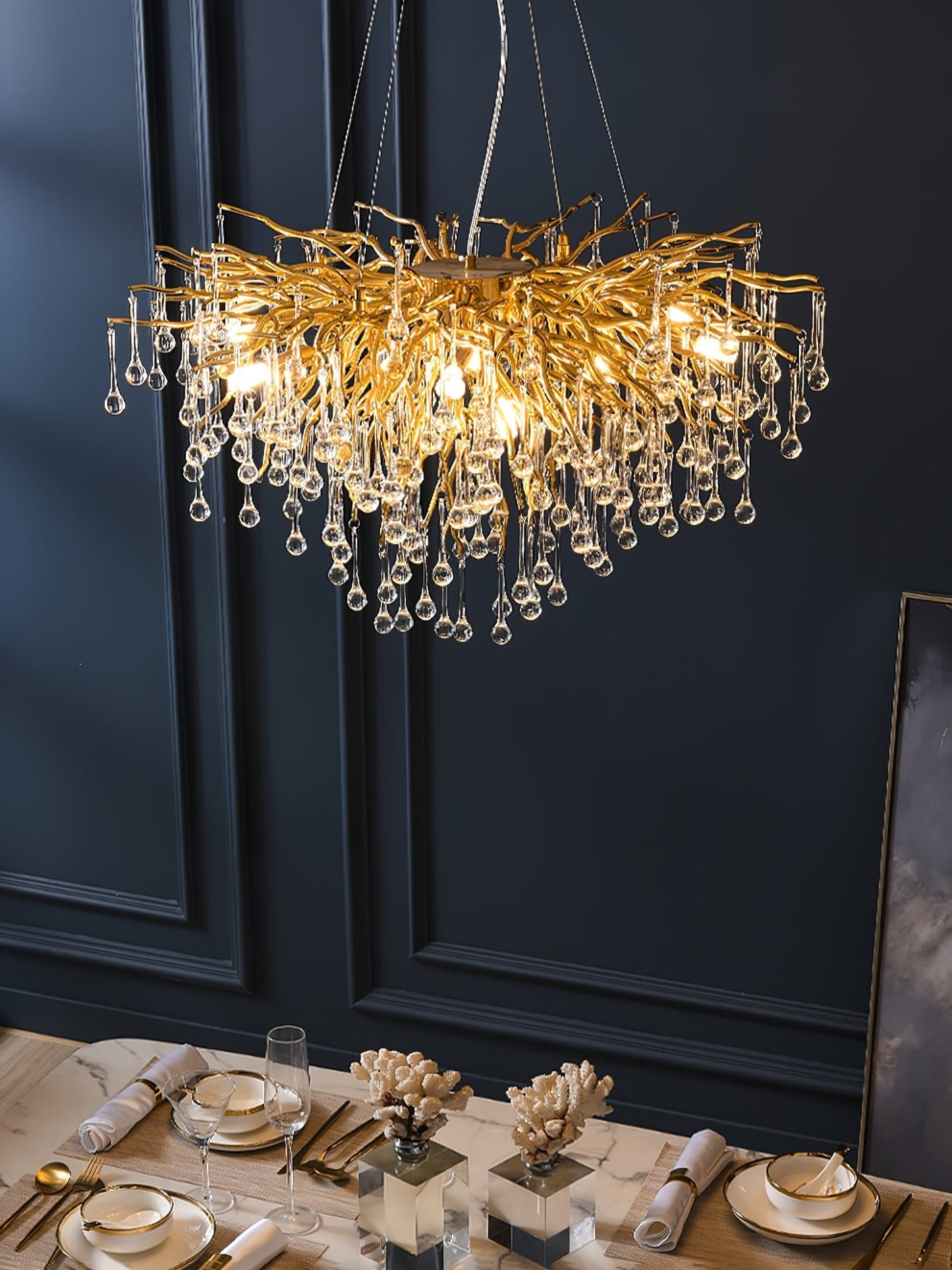 Elegant Teardrop Crystal Chandelier - Adjustable Height & Dimmable Lig