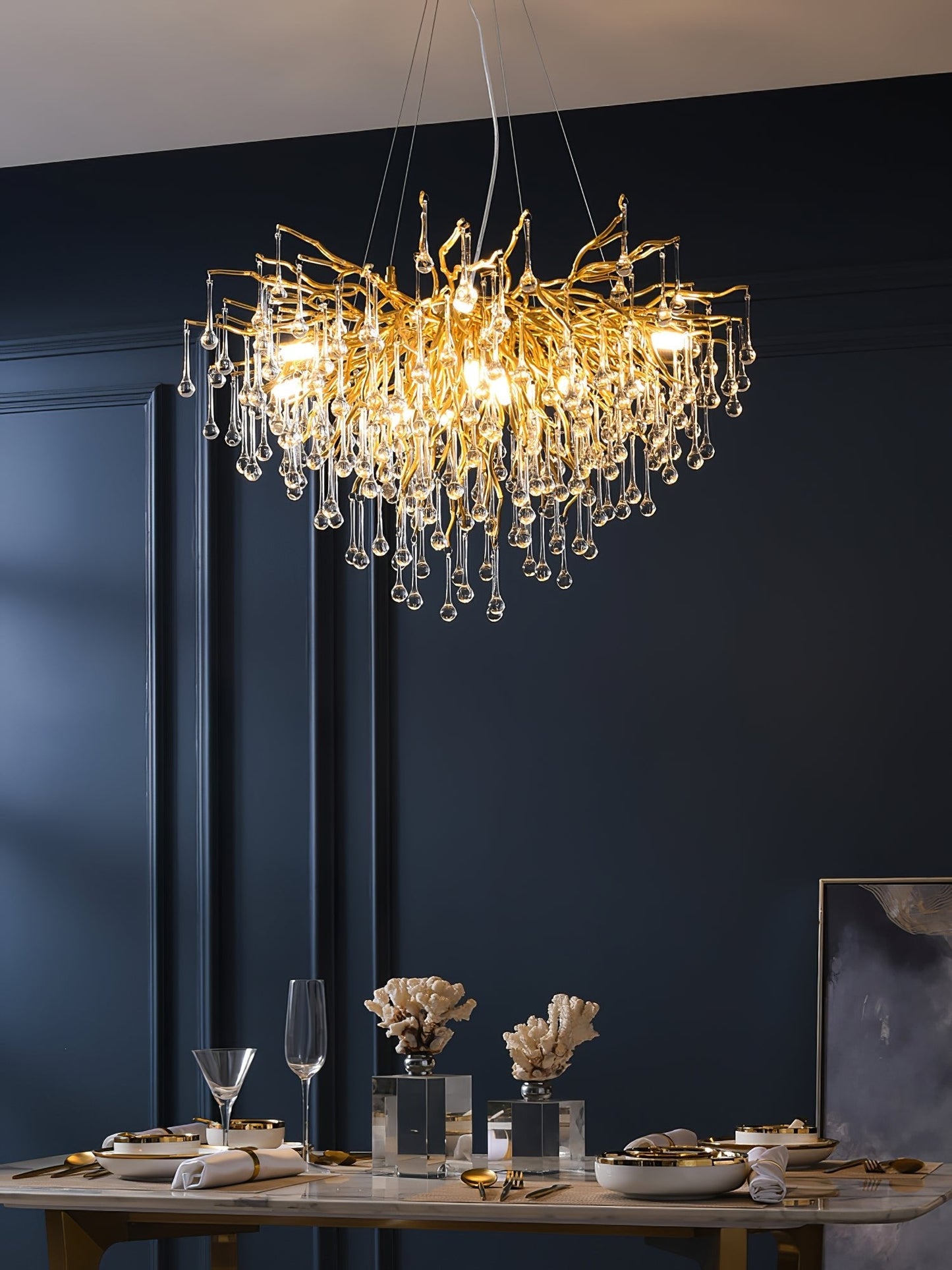 Elegant Teardrop Crystal Chandelier - Adjustable Height & Dimmable Lig