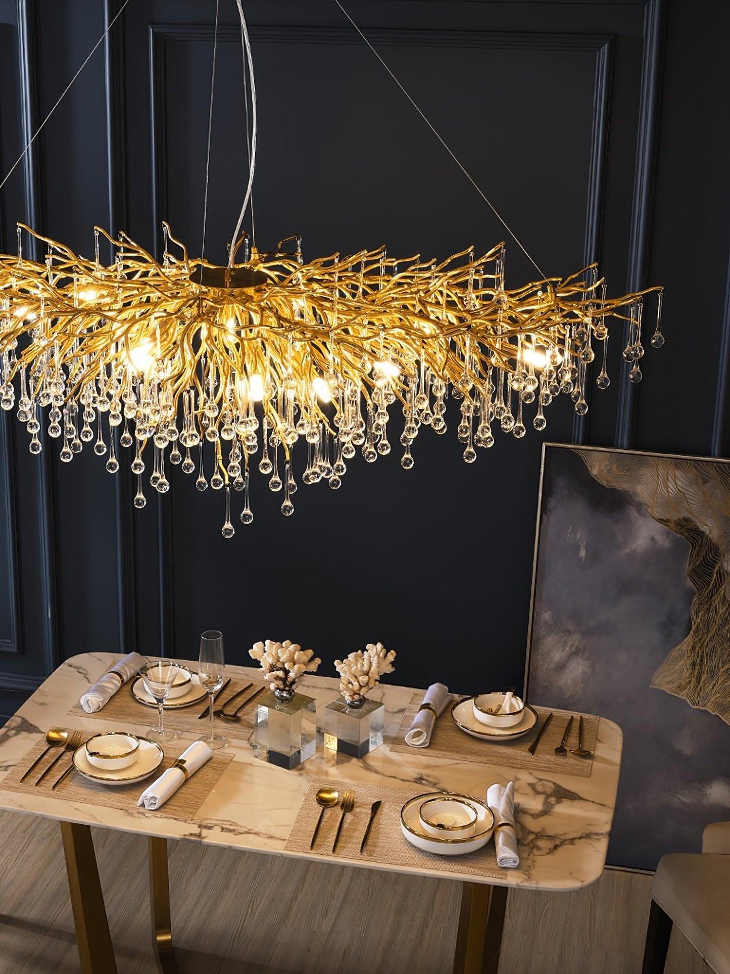 Elegant Teardrop Crystal Chandelier - Adjustable Height & Dimmable Lig