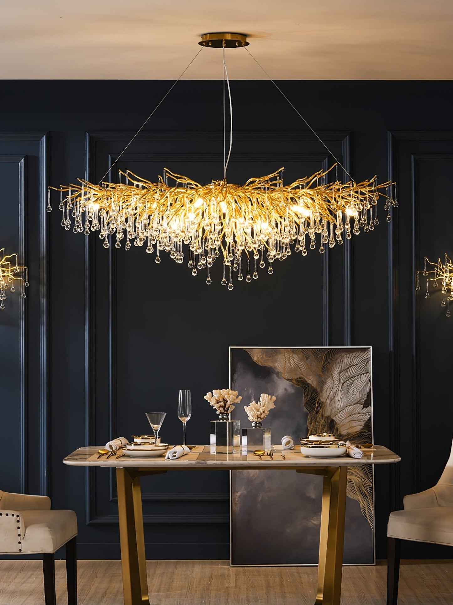 Elegant Teardrop Crystal Chandelier - Adjustable Height & Dimmable Lig