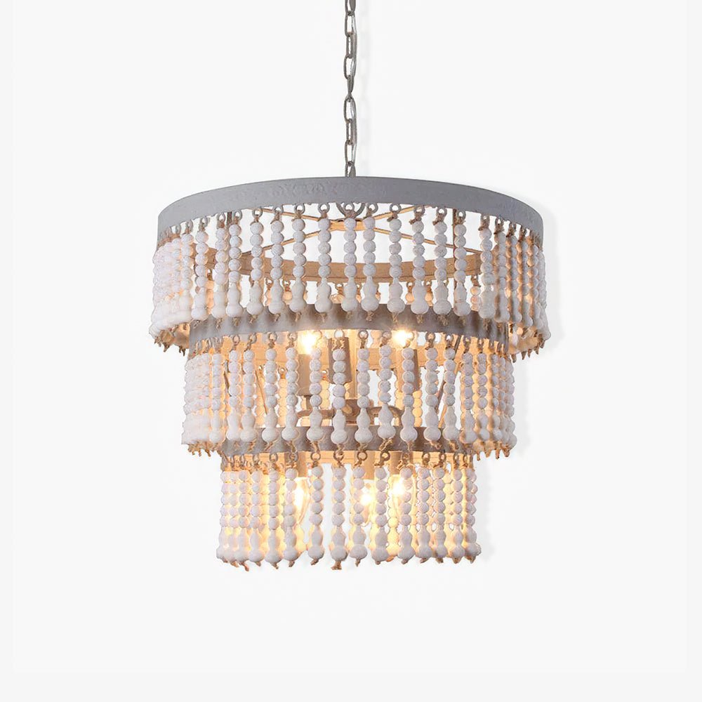 Elegant Three-Tier Wood Beaded Chandelier with Adjustable Height & Sof