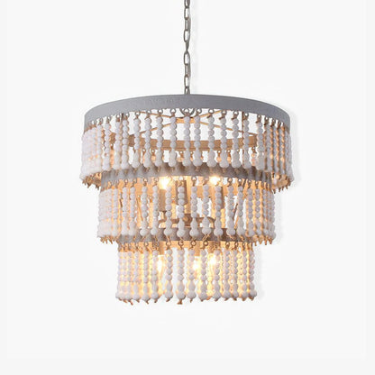 Elegant Three-Tier Wood Beaded Chandelier with Adjustable Height & Sof