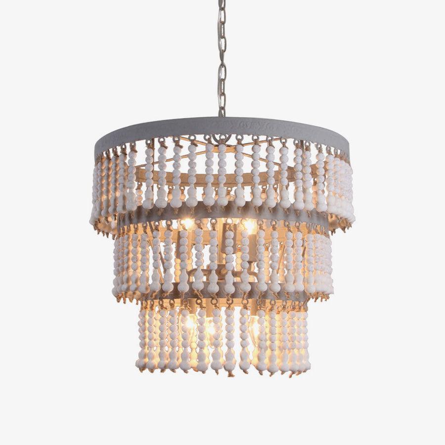 Elegant Three-Tier Wood Beaded Chandelier with Adjustable Height & Sof