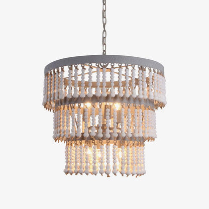 Elegant Three-Tier Wood Beaded Chandelier with Adjustable Height & Sof