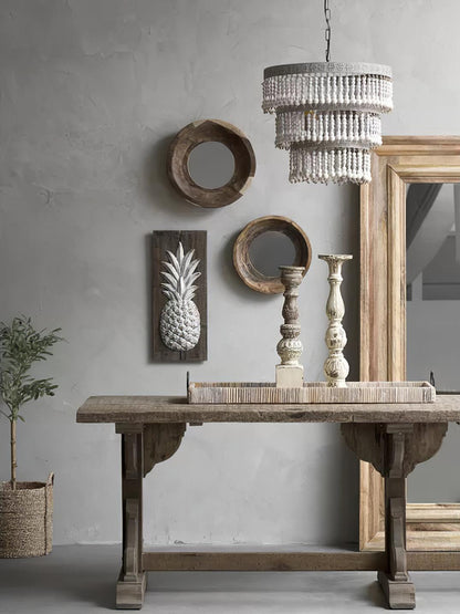Elegant Three-Tier Wood Beaded Chandelier with Adjustable Height & Sof