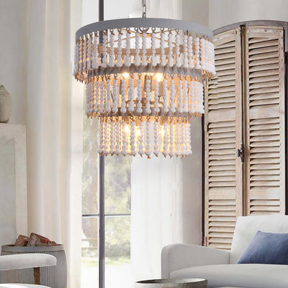 Elegant Three-Tier Wood Beaded Chandelier with Adjustable Height & Sof