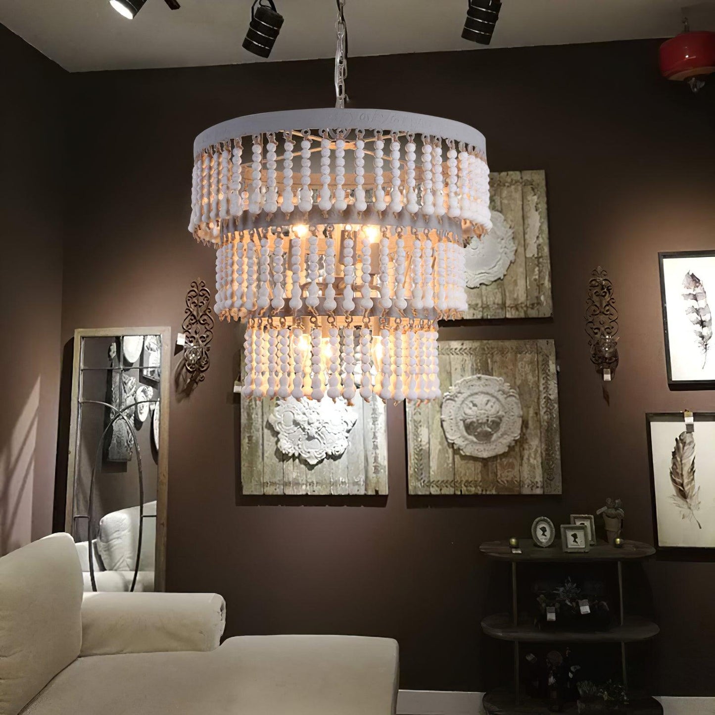 Elegant Three-Tier Wood Beaded Chandelier with Adjustable Height & Sof