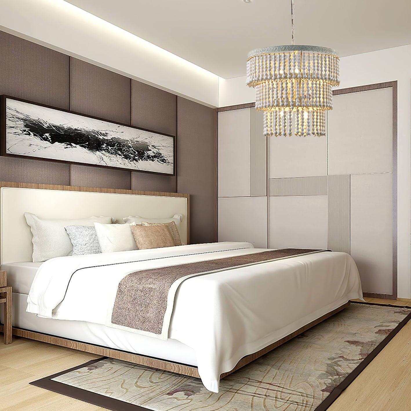 Elegant Three-Tier Wood Beaded Chandelier with Adjustable Height & Sof
