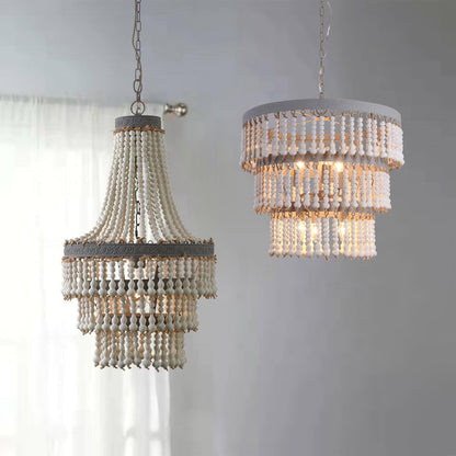 Elegant Three-Tier Wood Beaded Chandelier with Adjustable Height & Sof