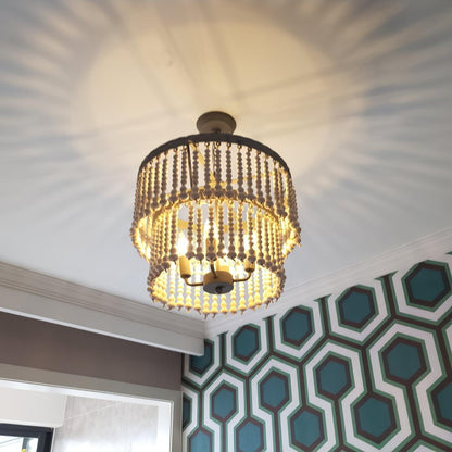 Elegant Three-Tier Wood Beaded Chandelier with Adjustable Height & Sof