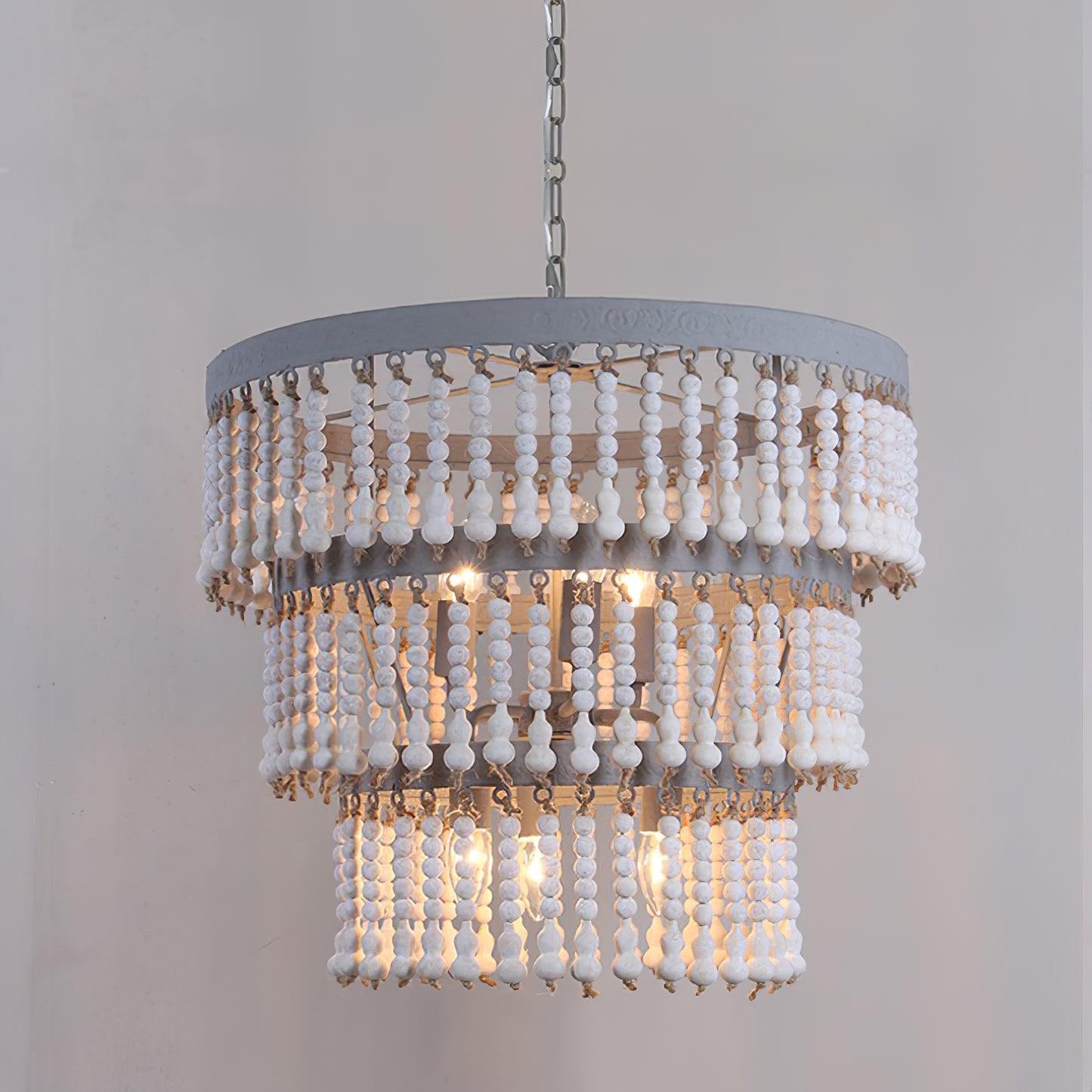 Elegant Three-Tier Wood Beaded Chandelier with Adjustable Height & Sof