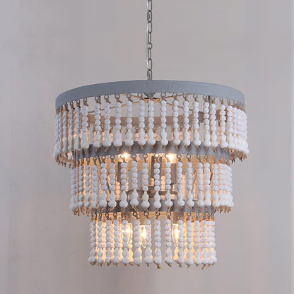 Elegant Three-Tier Wood Beaded Chandelier with Adjustable Height & Sof