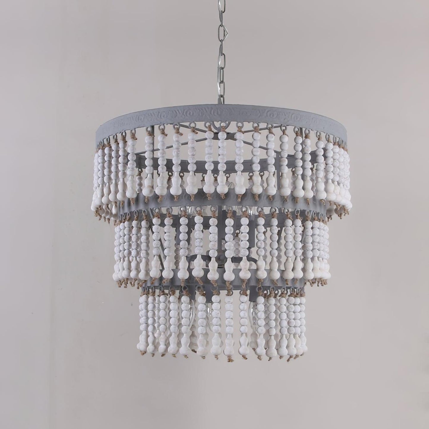Elegant Three-Tier Wood Beaded Chandelier with Adjustable Height & Sof