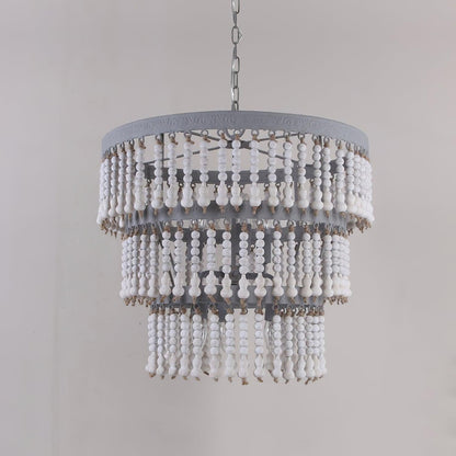 Elegant Three-Tier Wood Beaded Chandelier with Adjustable Height & Sof