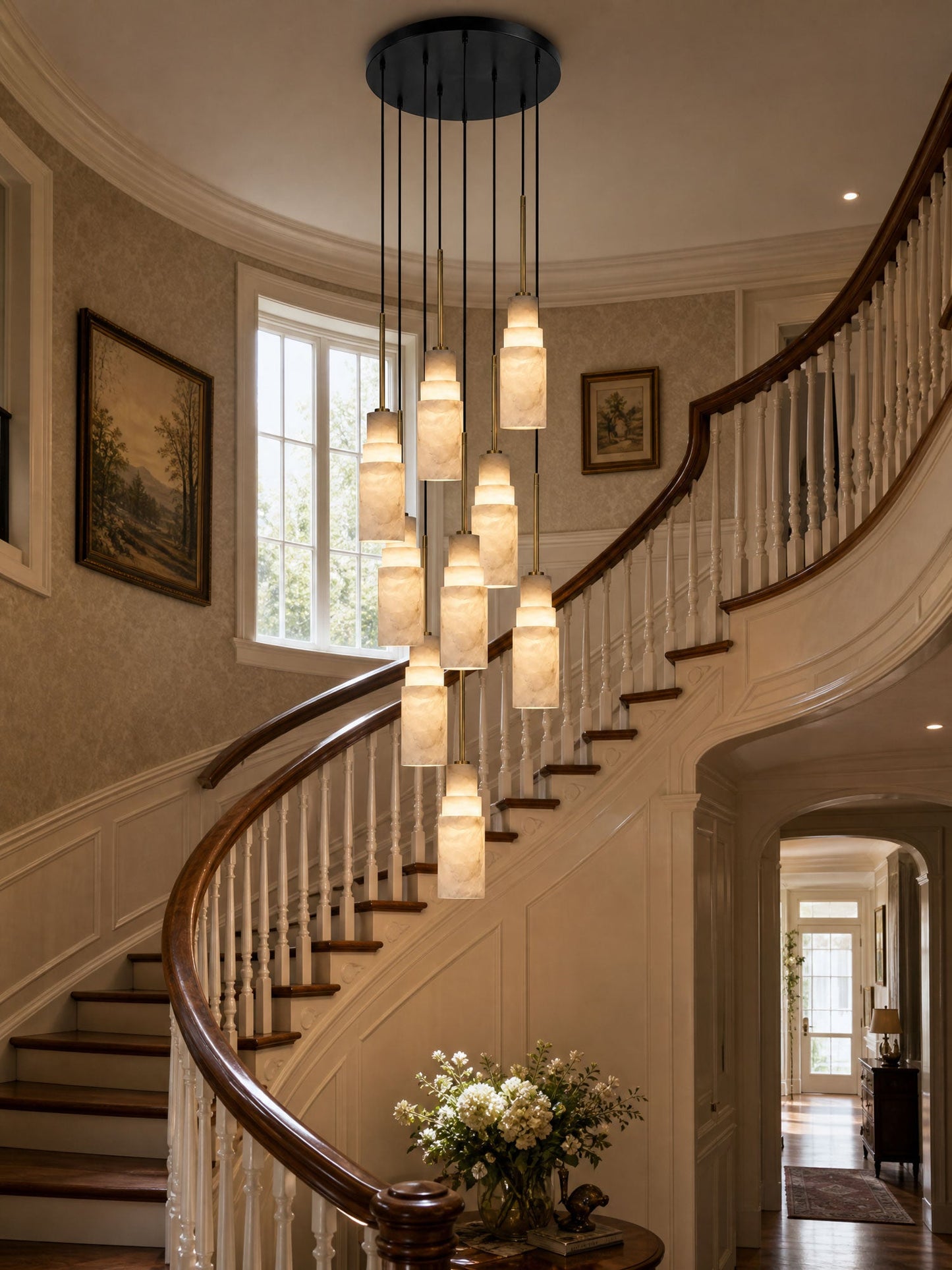 Elegant Tiered Alabaster Cluster Chandelier with Adjustable Height and