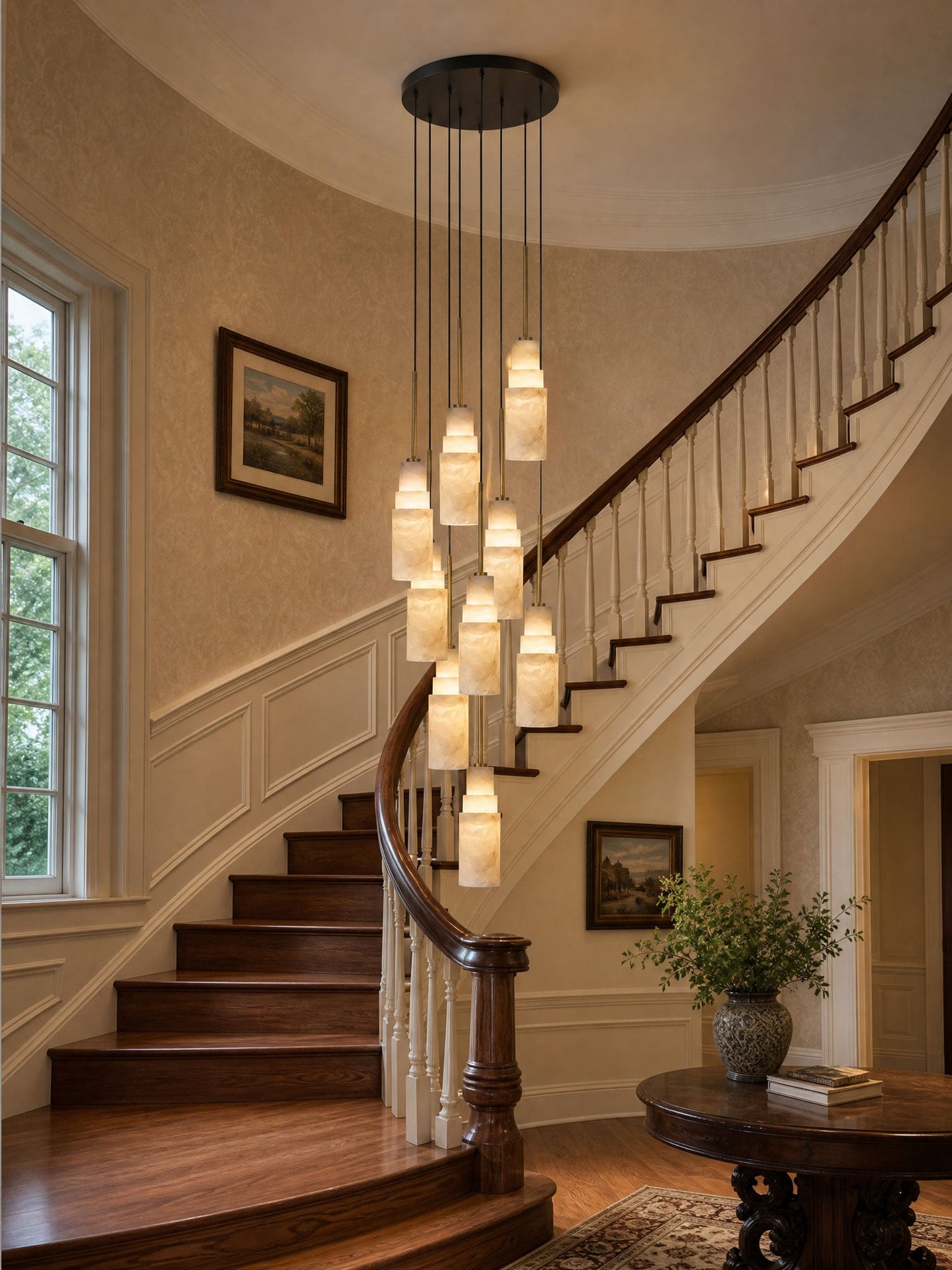 Elegant Tiered Alabaster Cluster Chandelier with Adjustable Height and