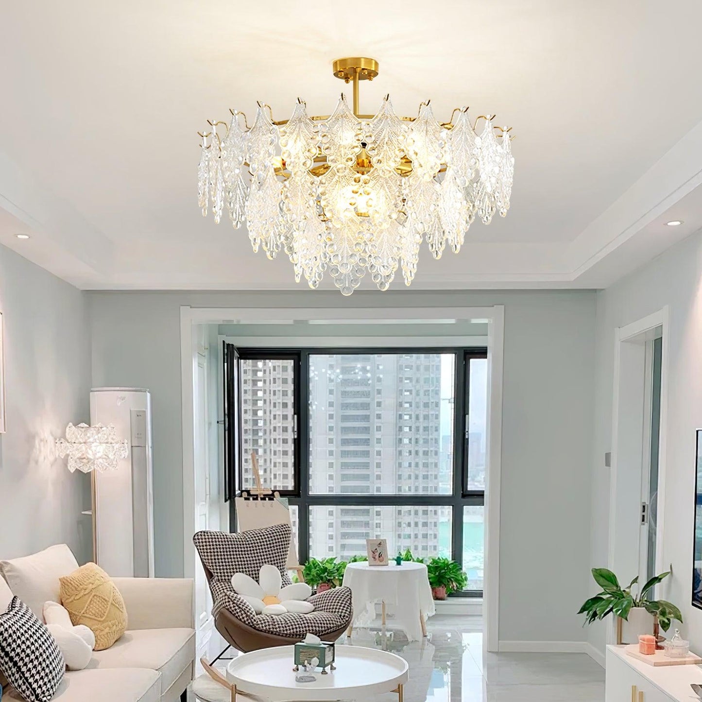 Elegant Tiered Carved Glass Chandelier with Adjustable Height & LED Co
