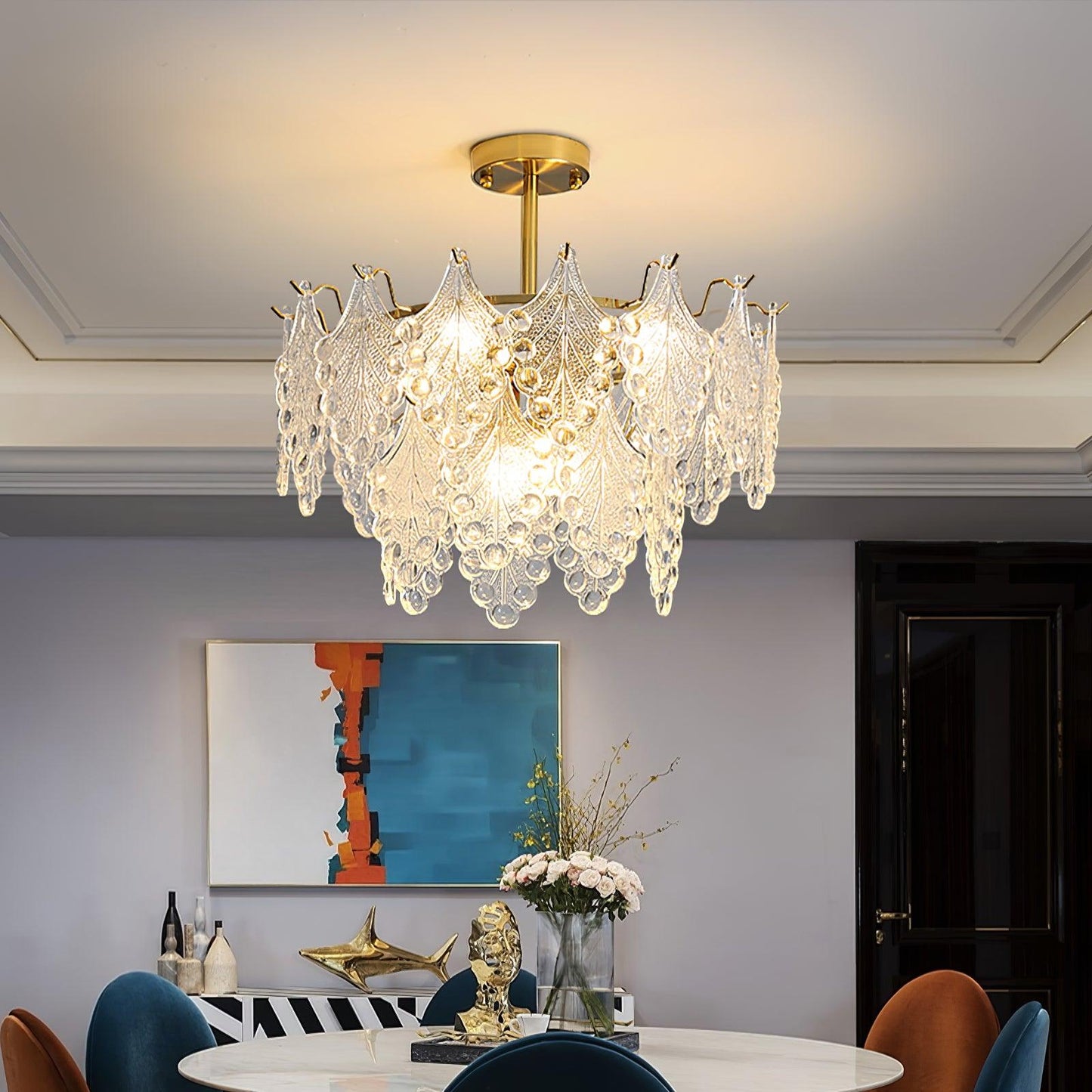 Elegant Tiered Carved Glass Chandelier with Adjustable Height & LED Co