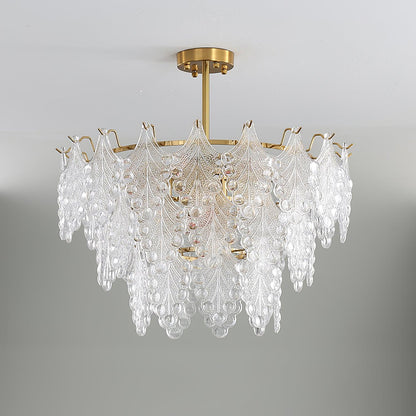 Elegant Tiered Carved Glass Chandelier with Adjustable Height & LED Co