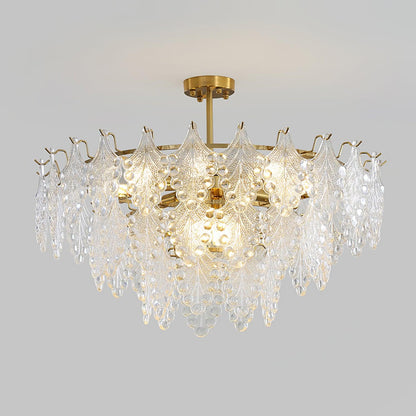 Elegant Tiered Carved Glass Chandelier with Adjustable Height & LED Co