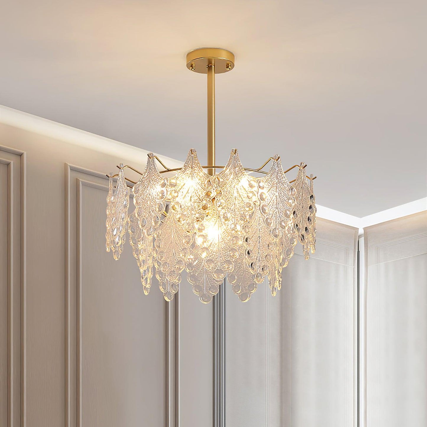 Elegant Tiered Carved Glass Chandelier with Adjustable Height & LED Co