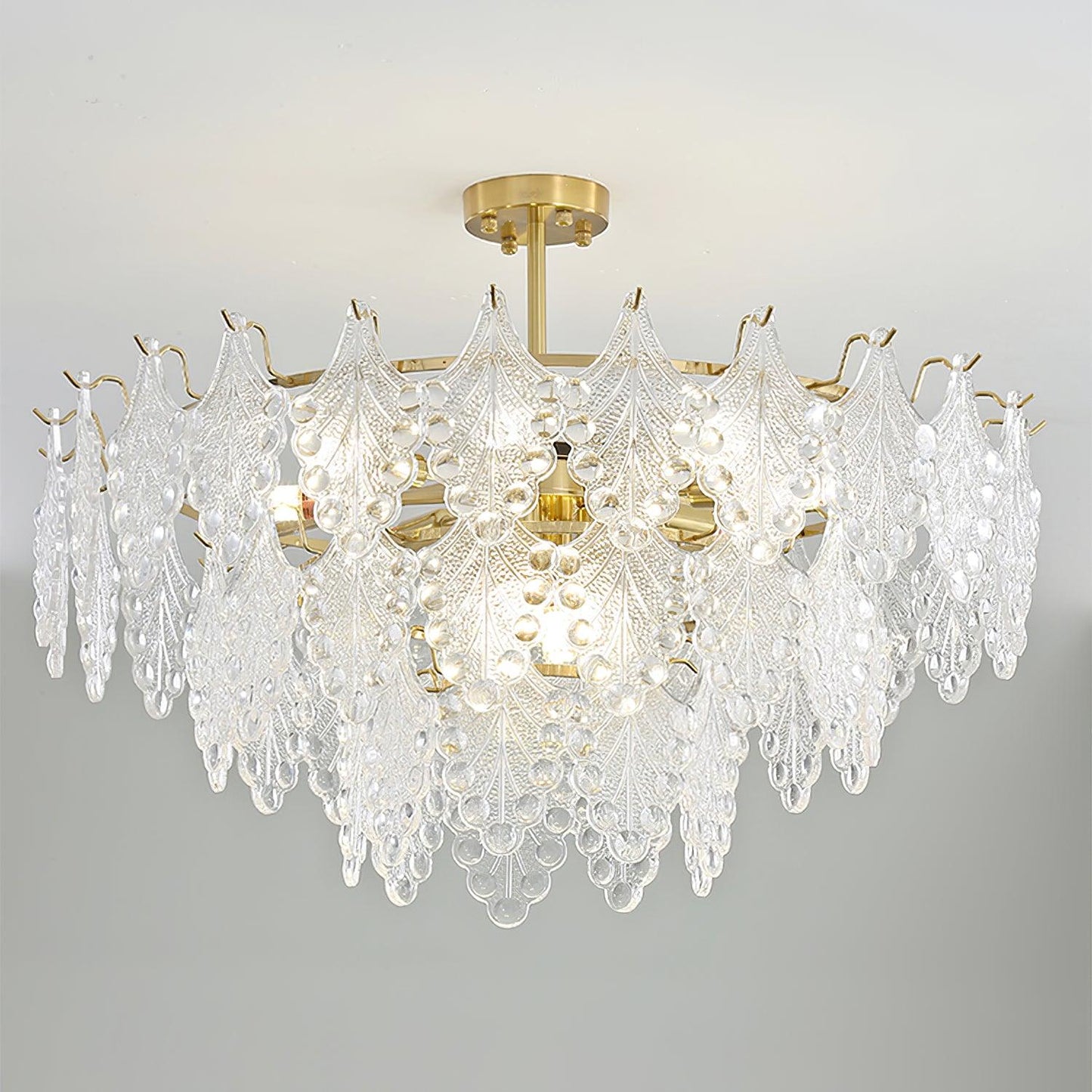 Elegant Tiered Carved Glass Chandelier with Adjustable Height & LED Co