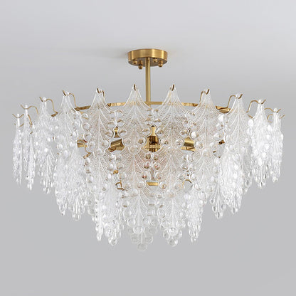 Elegant Tiered Carved Glass Chandelier with Adjustable Height & LED Co