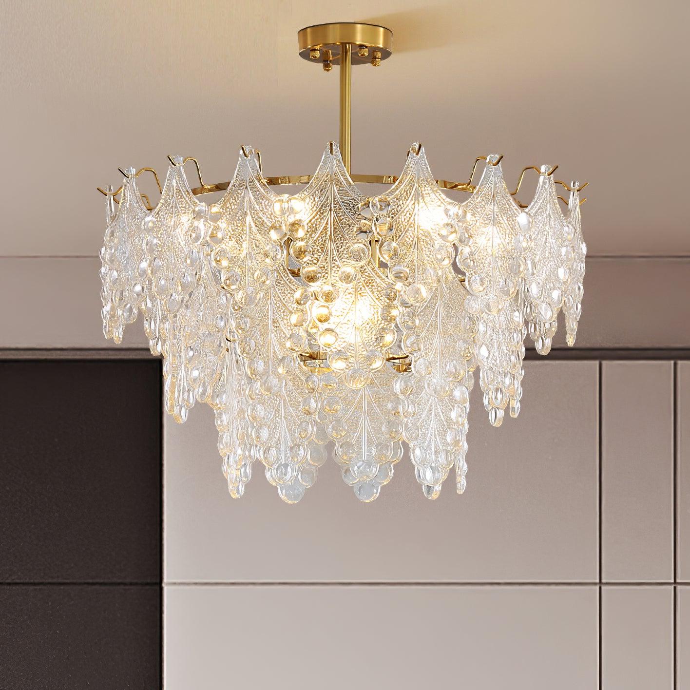 Elegant Tiered Carved Glass Chandelier with Adjustable Height & LED Co