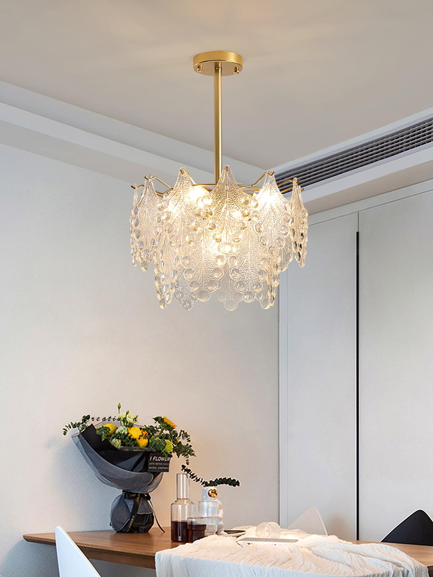 Elegant Tiered Carved Glass Chandelier with Adjustable Height & LED Co