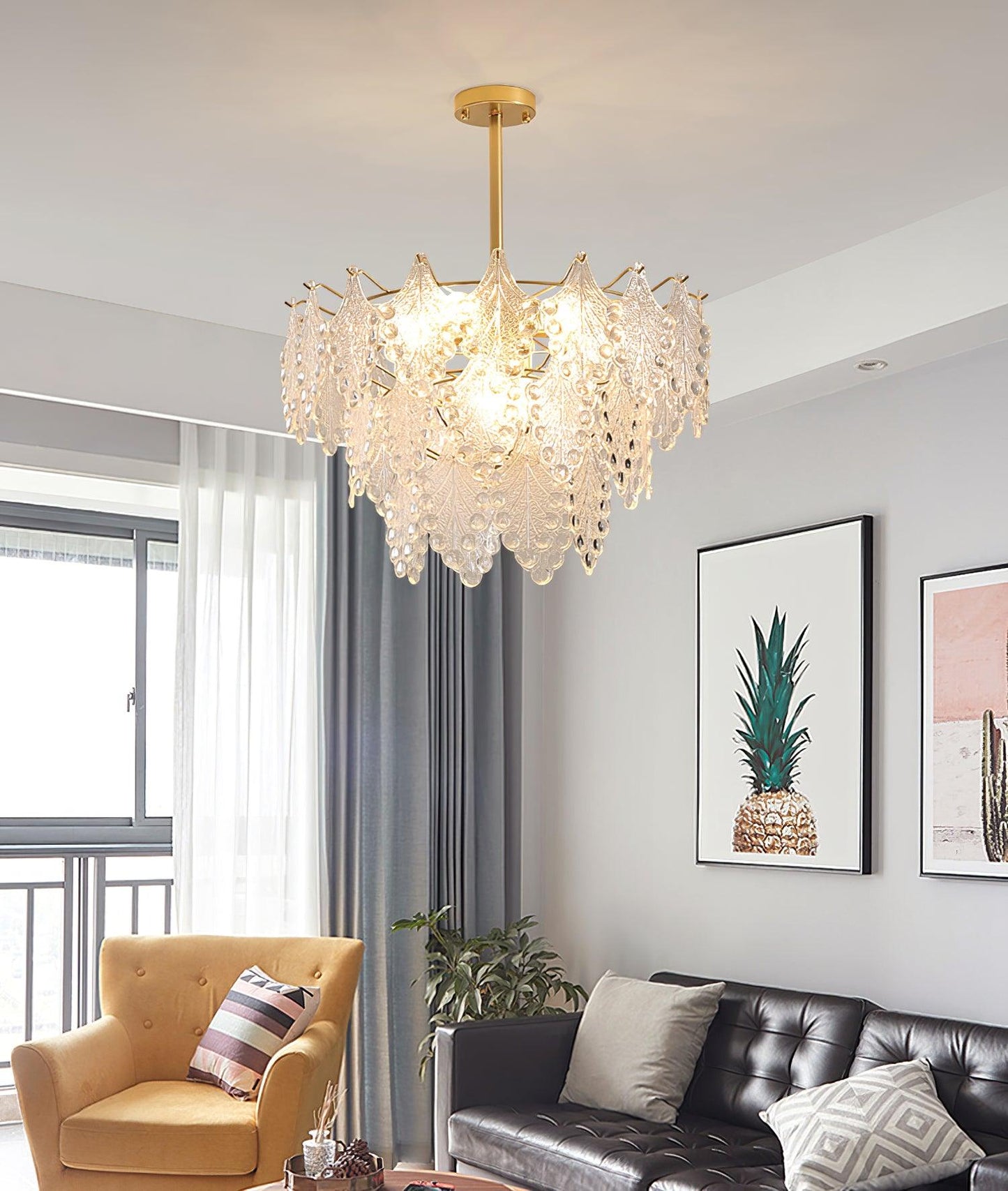 Elegant Tiered Carved Glass Chandelier with Adjustable Height & LED Co
