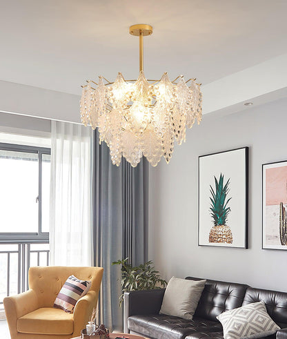 Elegant Tiered Carved Glass Chandelier with Adjustable Height & LED Co