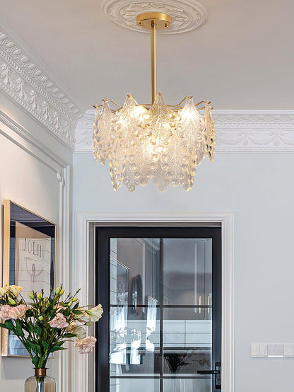 Elegant Tiered Carved Glass Chandelier with Adjustable Height & LED Co