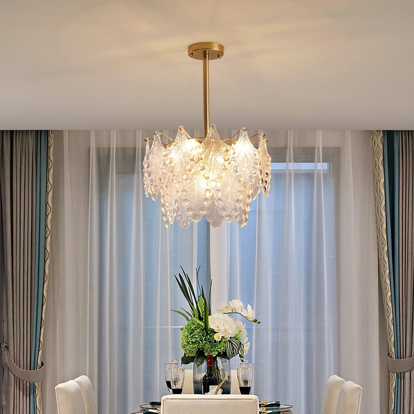 Elegant Tiered Carved Glass Chandelier with Adjustable Height & LED Co
