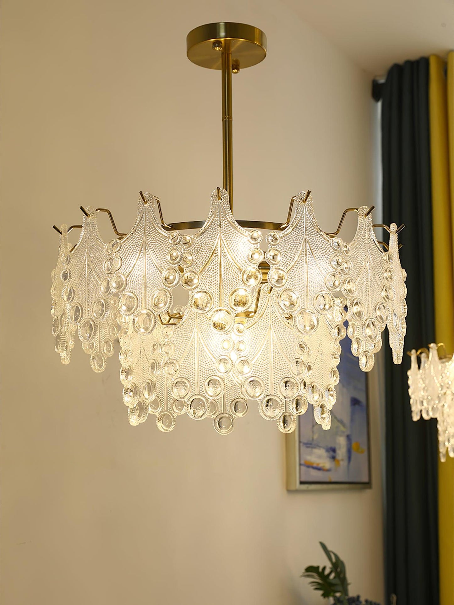 Elegant Tiered Carved Glass Chandelier with Adjustable Height & LED Co
