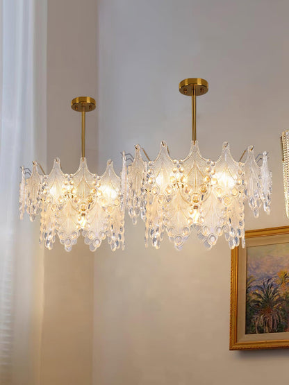 Elegant Tiered Carved Glass Chandelier with Adjustable Height & LED Co