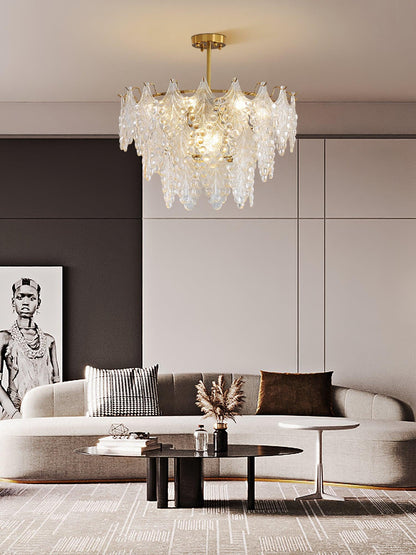 Elegant Tiered Carved Glass Chandelier with Adjustable Height & LED Co