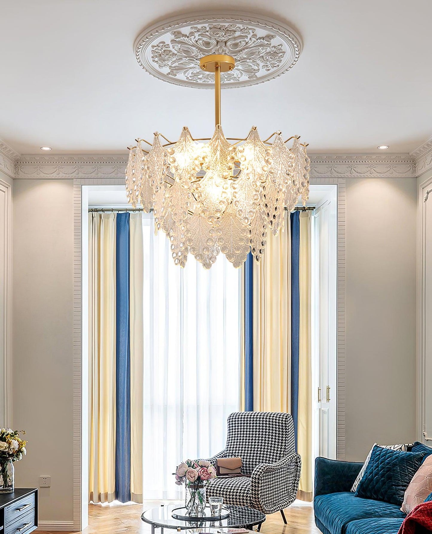 Elegant Tiered Carved Glass Chandelier with Adjustable Height & LED Co